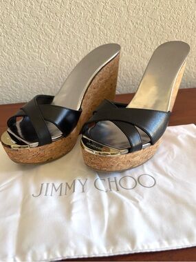 Jimmy Choo Black Leather Crisscross Cork Platform Wedge Sandals Women’s 40.5